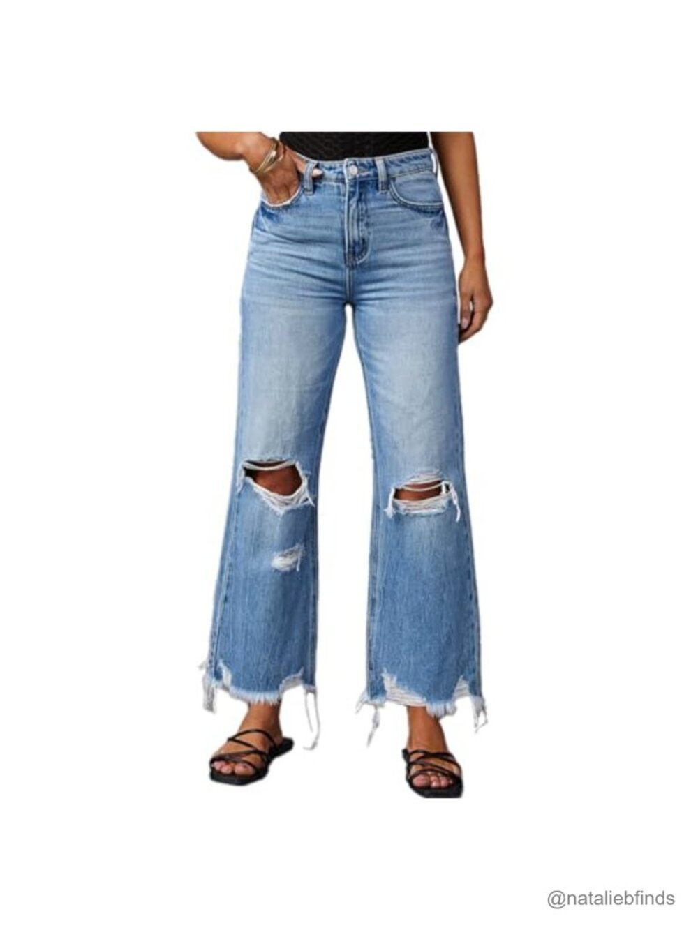 Women's Ripped Bell Bottom Jeans High-Rise Distressed Raw Edge Hem Boyfriend